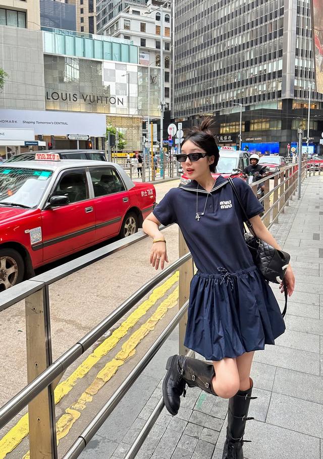 Miumiu Miu Miu letter patch embroidery navy style lapel short sleeve drawstring