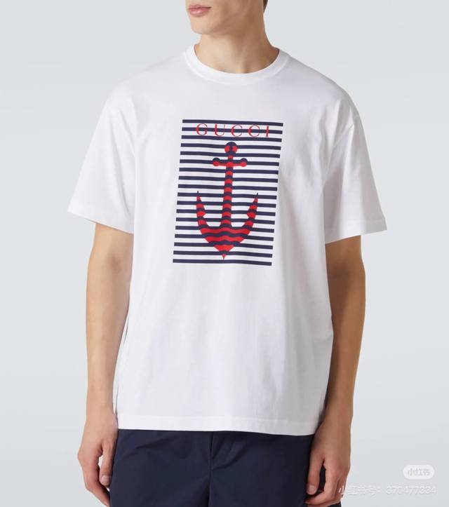 Gucci anchor stripe print round neck short sleeve G143 Gucci official website Zp