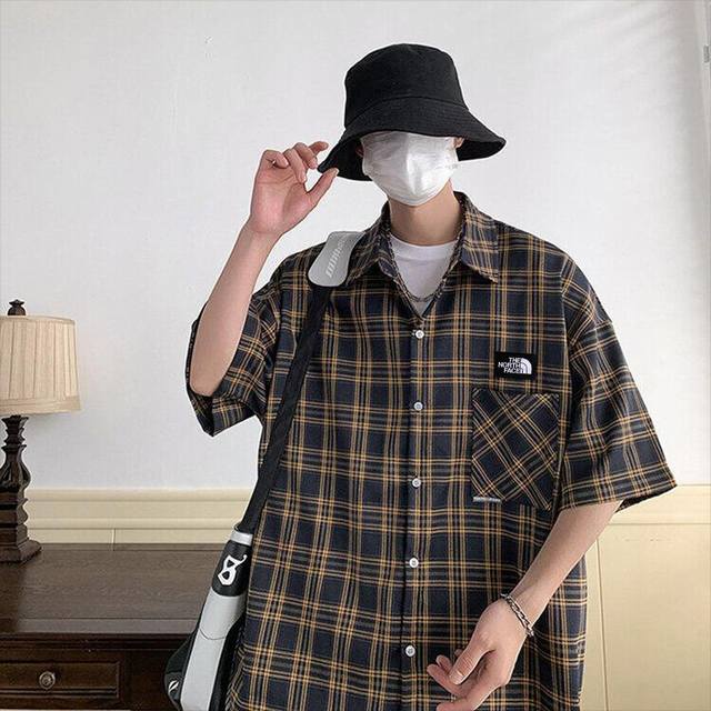 The North Face Tnf summer plaid lapel short-sleeved shirt top Overall three-dime