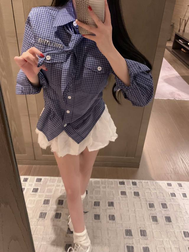 New arrival Miumiu 25Ss hot diamond check shirt with tie~ Color: Blue Size: See