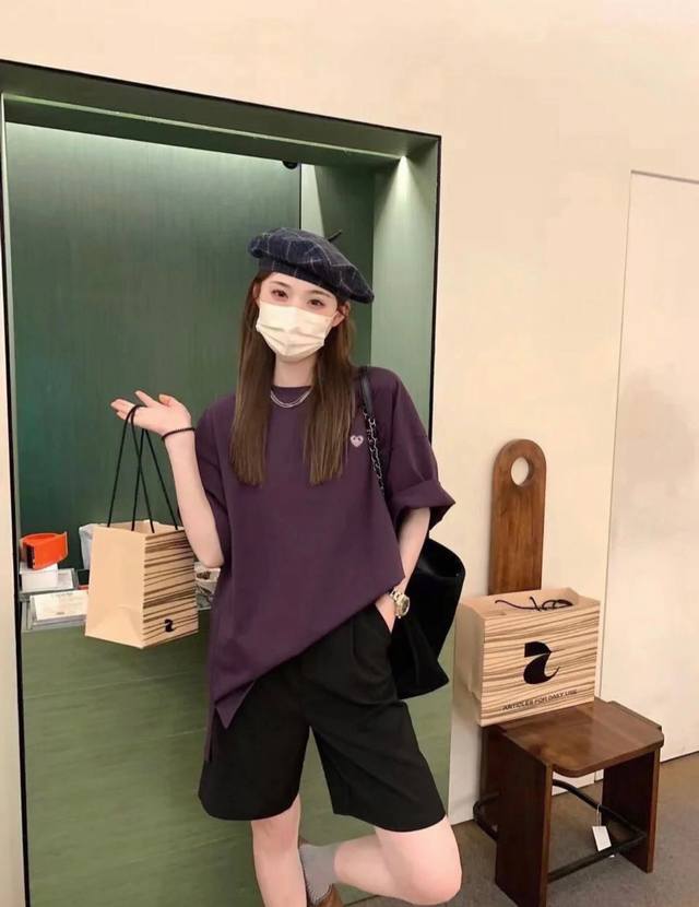 Special price Kawakyu grape purple love T-shirt~ Love short-sleeved T-shirt comf