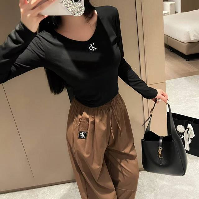 Special Price Black Pants Ck Letter Logo Long Sleeve T-shirt Wide Leg Pants Set