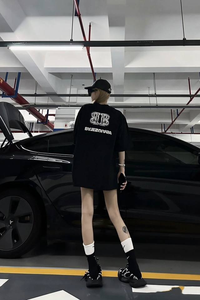 for 2025Ss new summer Balenciaga Paris family double B logo printed round neck p