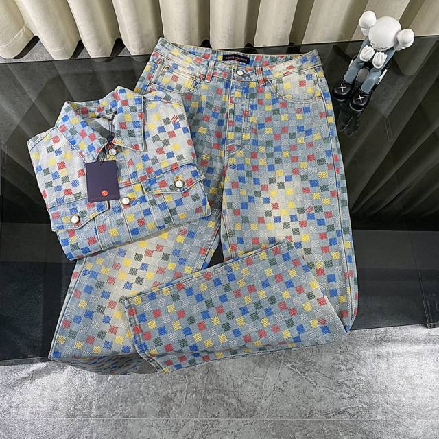 pants Louis Vuitton 25Ss new dopamine color pixel checkerboard denim jacket jean
