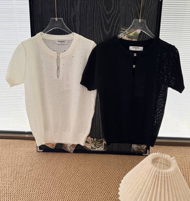 Product name: Chane*25Ss new summer rhinestone button hollow knitted short sleev