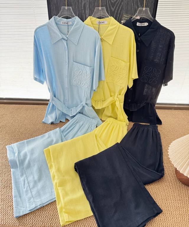 Product name: Loew* New Dopamine Cotton and Linen Lace-up Waist Short-sleeved Sh