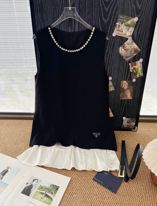 Product name: Prad* Heavy Beading Hepburn Style Fake Two-piece Spliced Sleeveles