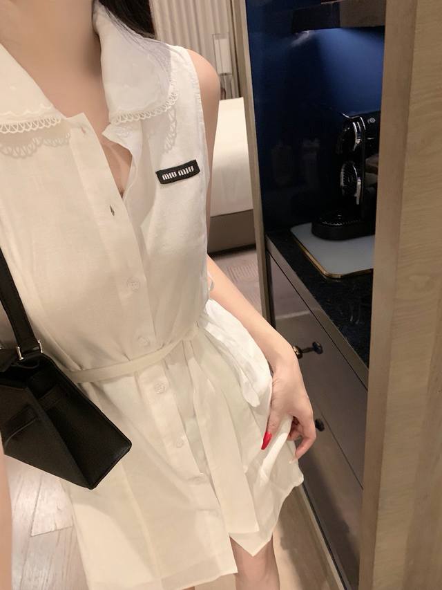 Miumiu Miu Miu custom letter small logo lace lapel sleeveless dress with belt St