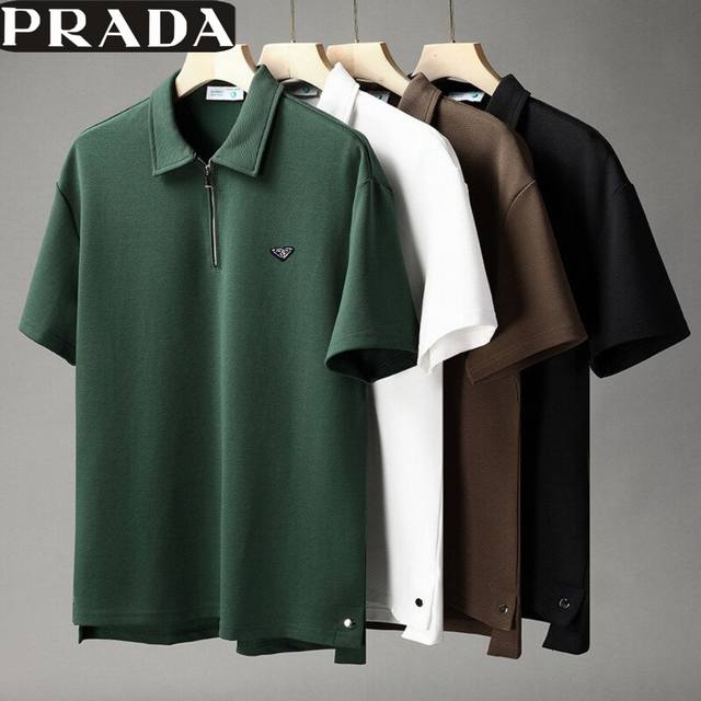 High quality Prada, classic half-zipper trendy loose short-sleeved T-shirt for m