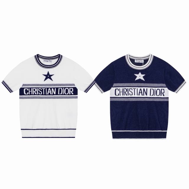 Dior Dior classic letter logo slogan jacquard women's round neck knitted short-s