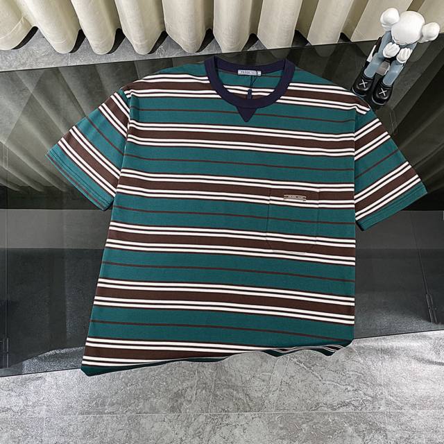 Prada 25Ss early spring new neutral style striped short-sleeved T-shirt Threaded
