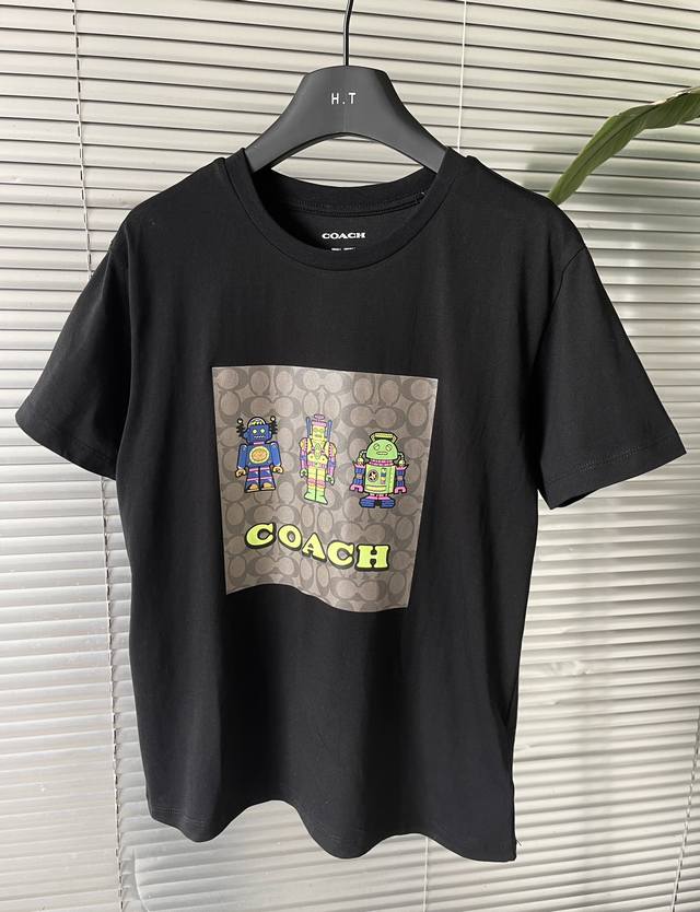 Coach's fun and energetic style! Coach's robot print black round neck short-slee