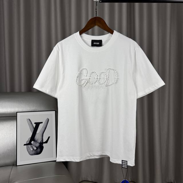 Solid color bubble pearl embroidered letter logo round neck short sleeve Fan Shi