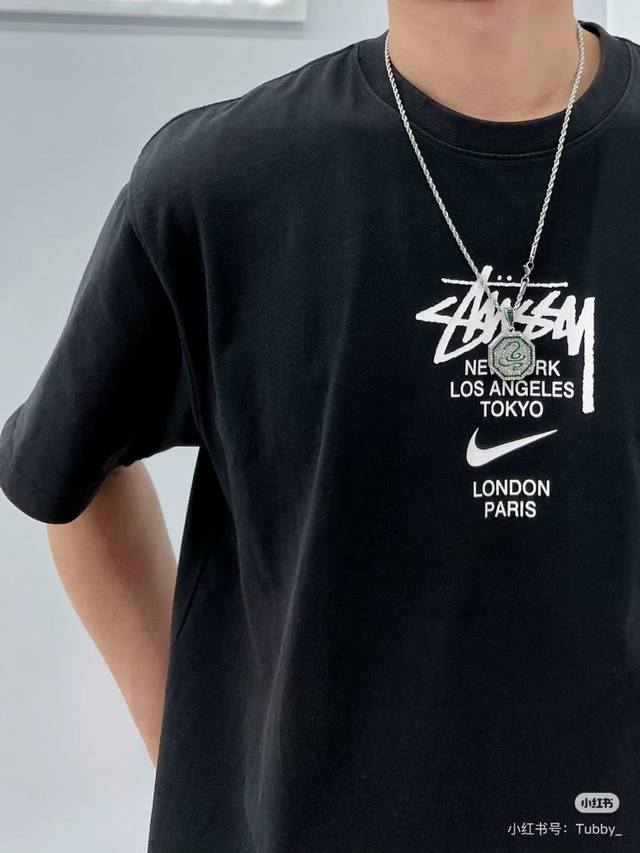 Stussy x Nike joint series chest logo print pattern round neck short sleeve T-sh