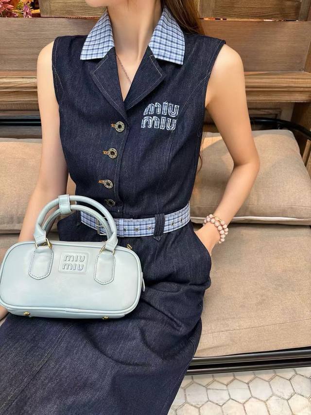 New arrival with belt Miu Mi* Miu Miu denim lapel dress Plaid contrasting color