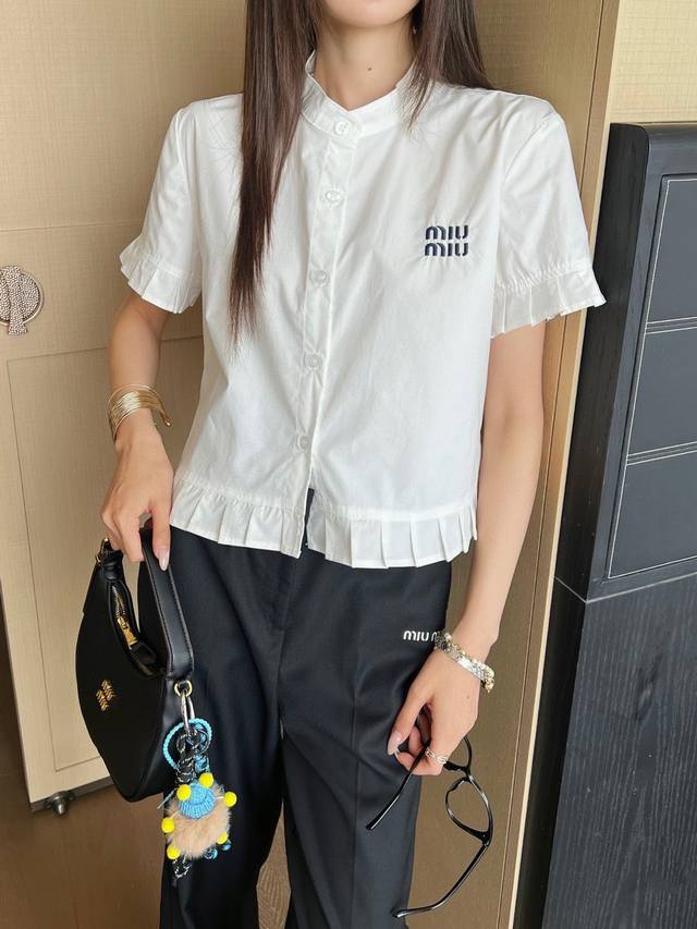 New arrival Miu Miu Logo letter embroidery small pleated decorative shirt It is