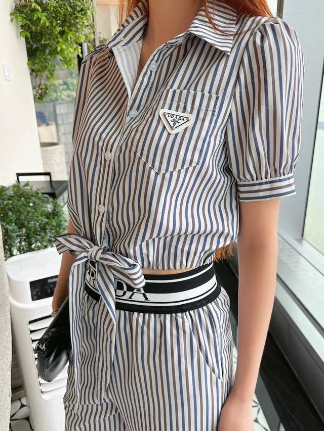 New arrival Prad* Prada 2025 new arrival Striped short-sleeved shirt and trouser