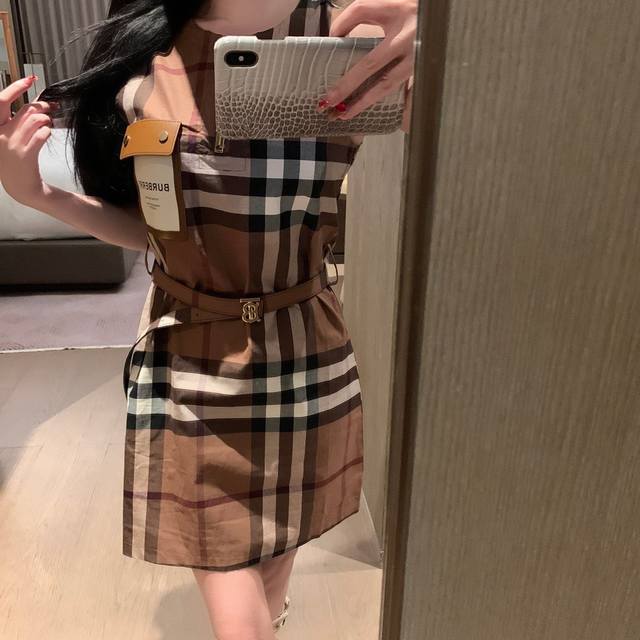 New arrival Bbr Burberry leather pocket plaid dress Classic plaid skirt new earl