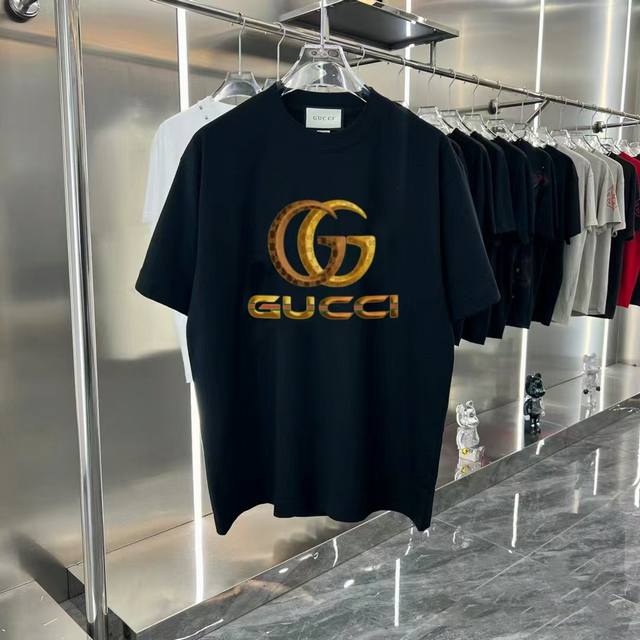 for 2025Ss summer Gucci new chest gold logo casual round neck pullover casual sh