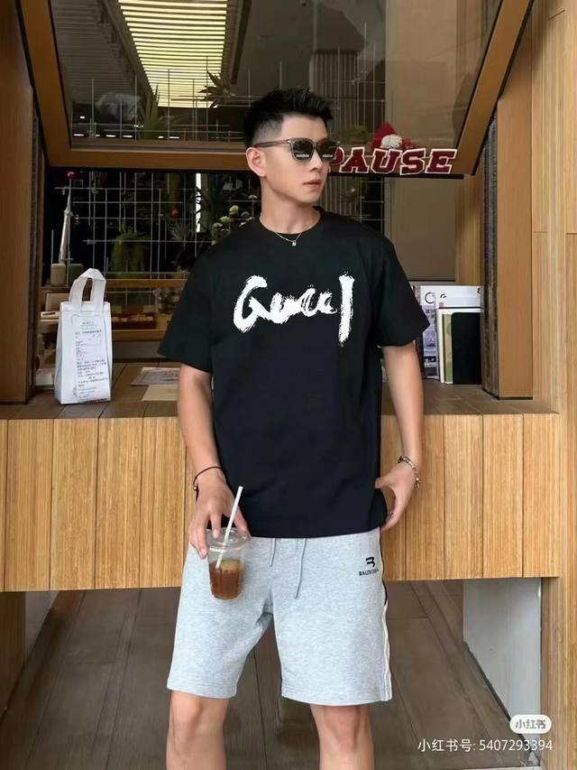 Balenciaga X Gucci joint graffiti print round neck short-sleeved T-shirt Fabric: