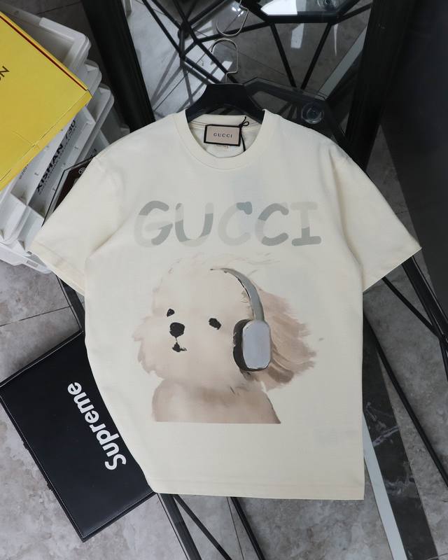 for real photos Gucci headphone puppy print round neck short-sleeved T-shirt Sty