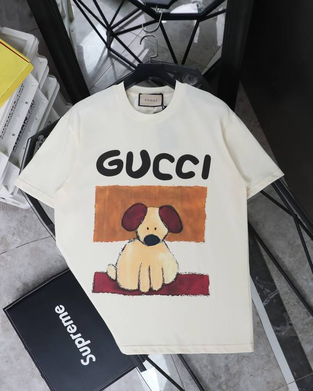 for real photos Gucci limited edition puppy print round neck short sleeve Style