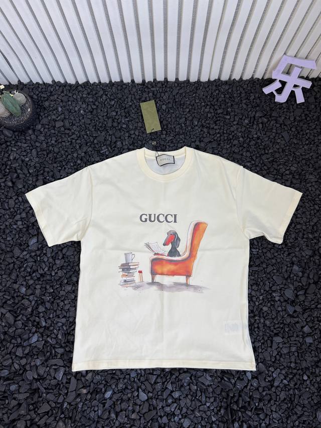Gucci solid color cartoon puppy pattern logo print round neck loose casual short