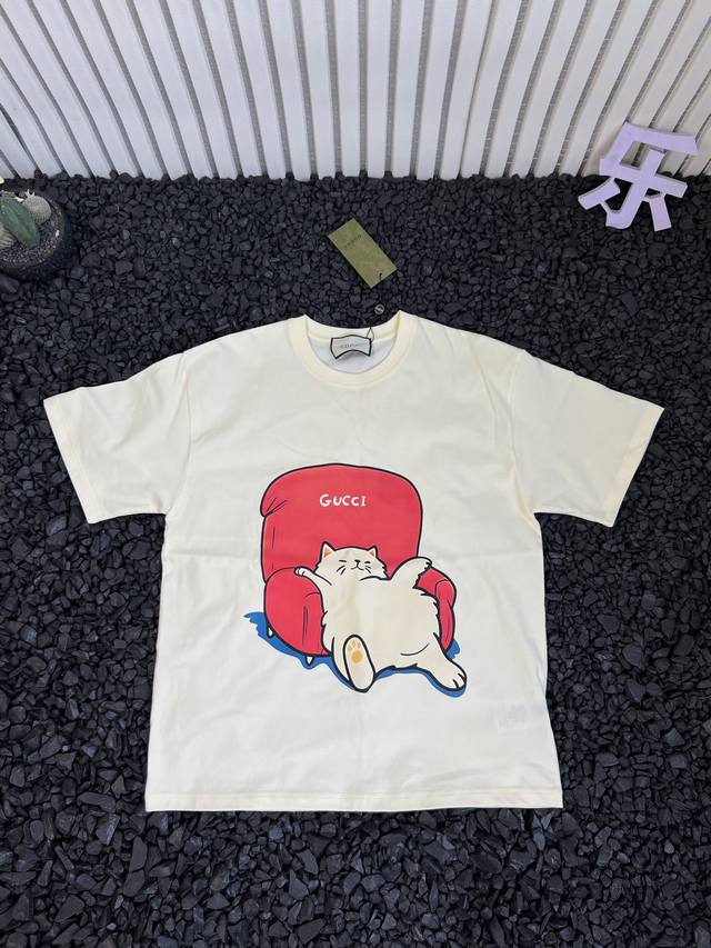 Gucci solid color cartoon sofa cat pattern logo print round neck loose casual sh