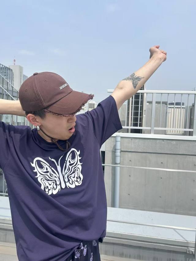 Needles X Kae Tanaka Joint Ss25 Butterfly Pattern Letter Print Loose Round Neck