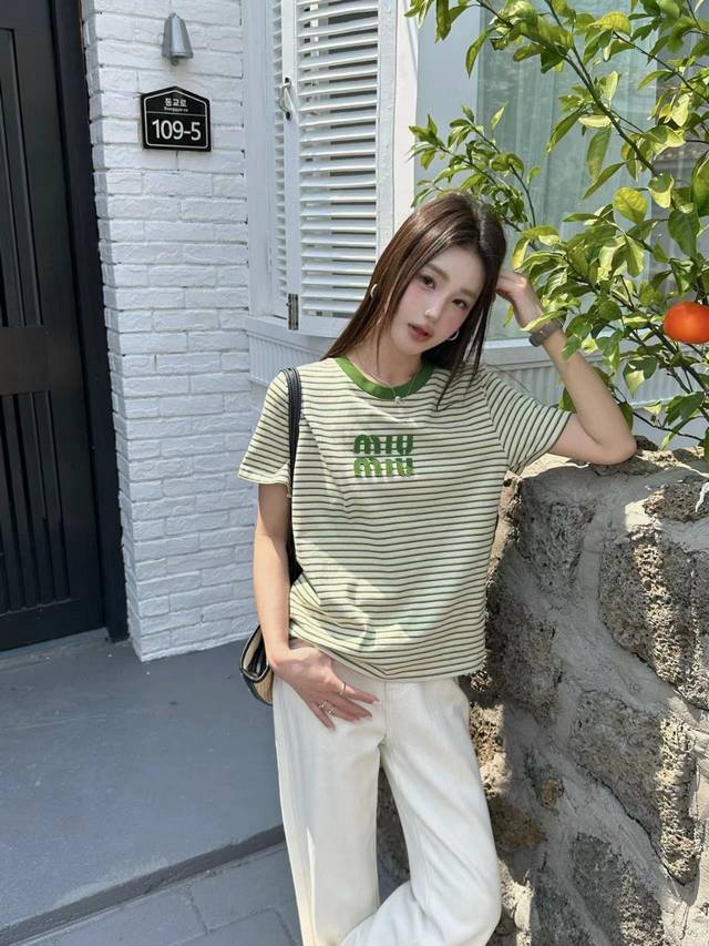 Miumiu Miu Miu alphabet patch embroidered striped round neck short-sleeved T-shi