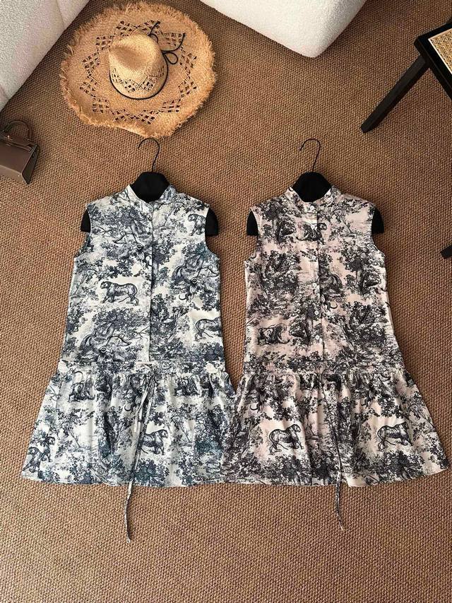 Dior retro jungle ink painting print stand collar sleeveless drawstring waist dr