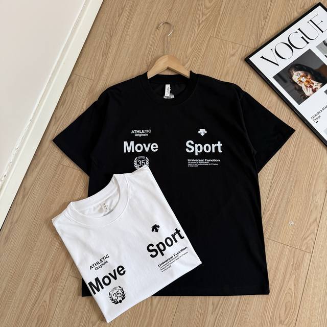 Sizes S to 3Xl Descente's classic basic style short-sleeved T-shirt with slogan