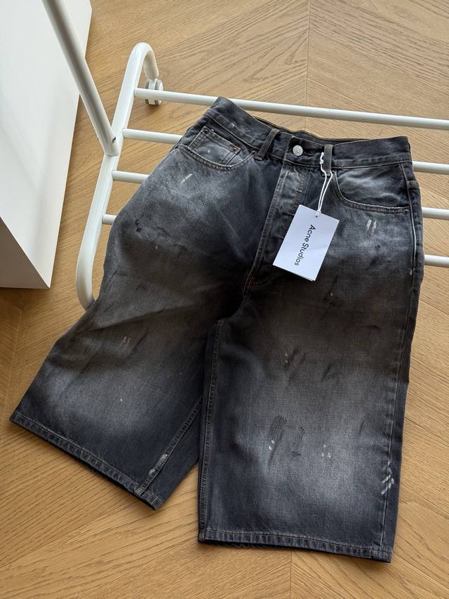 for Acne Studio Ac Vintage denim casual shorts with black ink splashing, black S