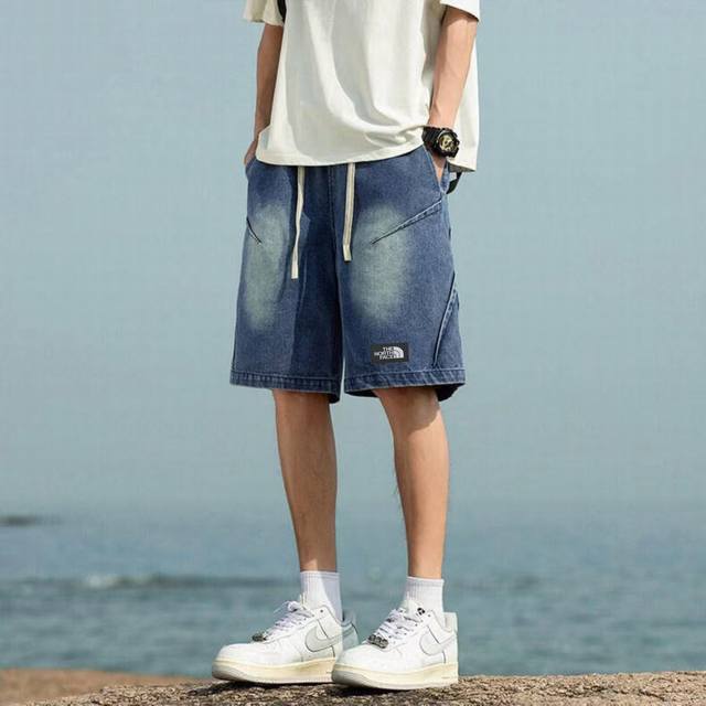 The North Face Tnf summer American high street irregular patchwork denim shorts,