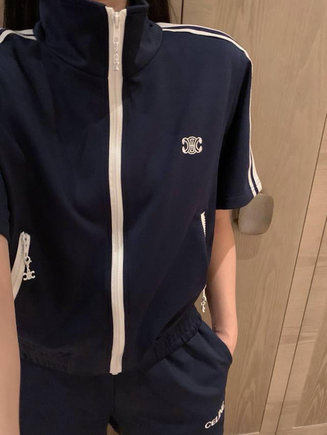 Celine Arc de Triomphe letter embroidered zipper short-sleeved jacket with draws