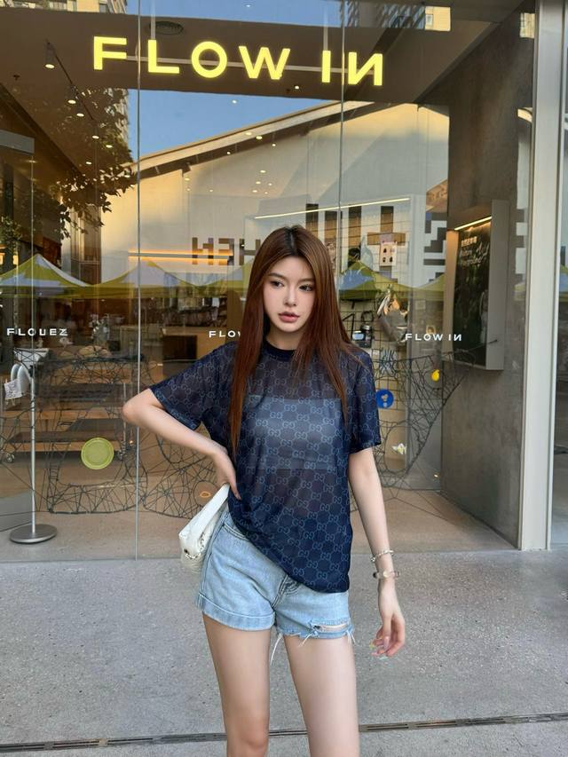 Gucci full diamond double G letter print semi-transparent mesh short sleeves Sty