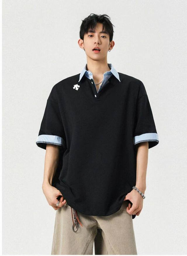 for Descente men's summer shirt collar casual business fake two-piece knitted sh