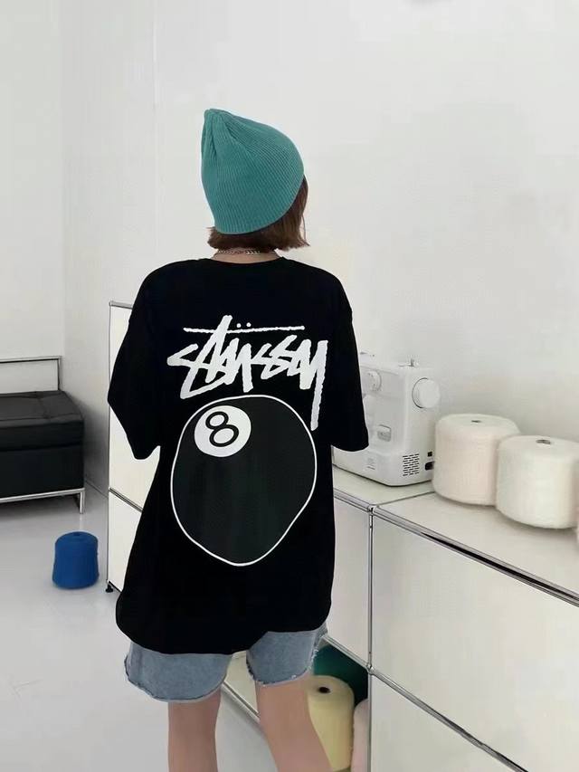 for Stussy SS25 new black 8 billiards print couple round neck short-sleeved T-sh