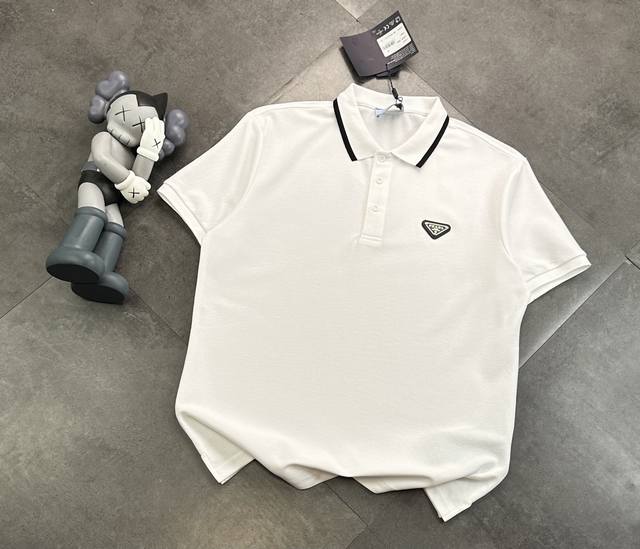 Trendy Prada triangle labeling process Polo shirt couple style short-sleeved T-s