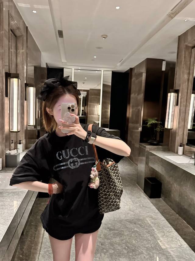 Gucci new starry sky rhinestone high-end black short-sleeved T-shirt Blingbling