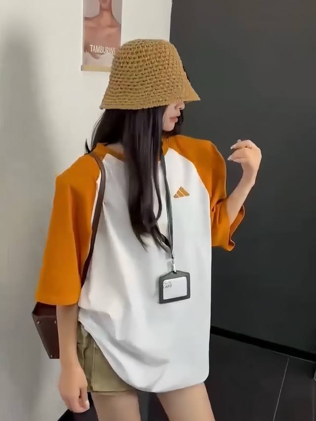 Adidas vintage orange and white color matching raglan short-sleeved T-shirt Oran