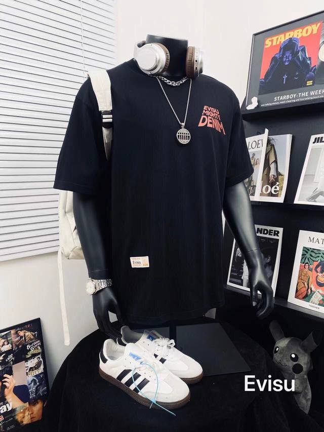 Evisu Fushen high version logo Buddha head print men and women casual short-slee