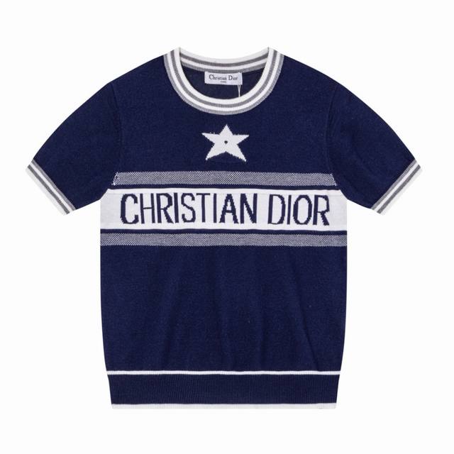 Dior Dior classic letter logo slogan jacquard women's round neck knitted short-s