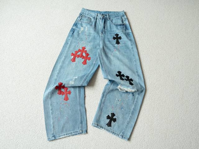 Top jeans Chrome Hearts 25F W denim cross black and red leather label straight m