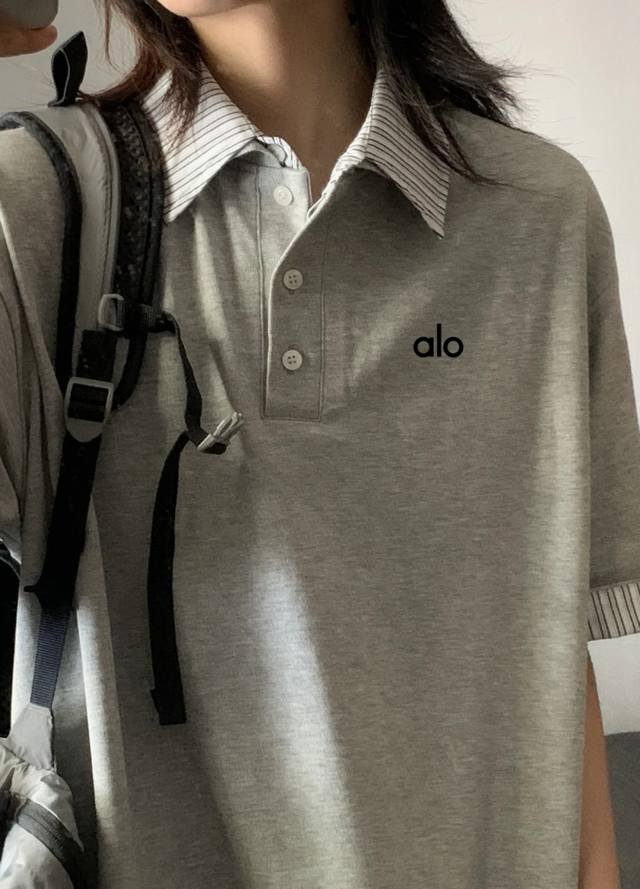 High-quality Alo gray fake two-piece plaid stitching Polo college style short-sl