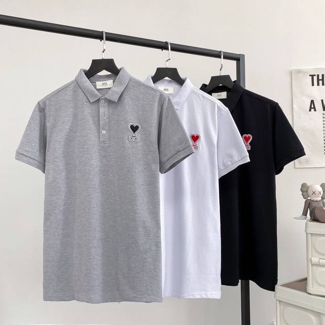 Ami Paris classic three-color Polo short-sleeved T-shirt with big A heart embroi