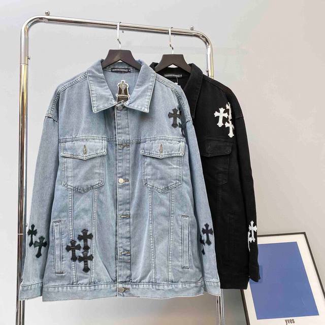Chromehearts classic embroidered leather label, distressed washed two-tone denim