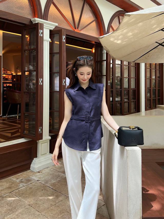 New arrival Loe* Loewe dopamine color cotton and linen lace-up waist sleeveless