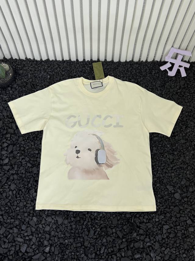 Gucci solid color cartoon earphones puppy pattern logo print round neck loose ca