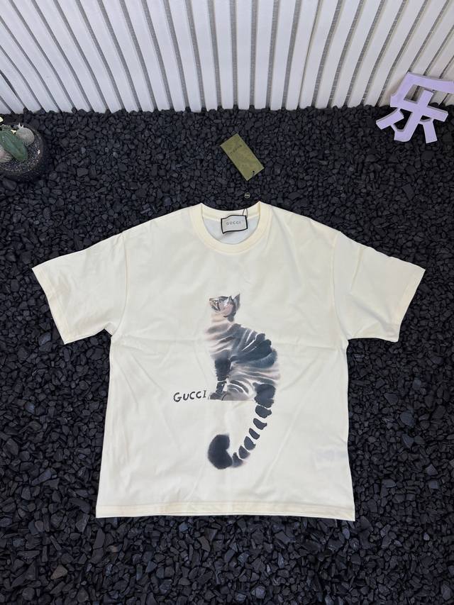 Gucci solid color cartoon cat logo print round neck pullover loose casual short-